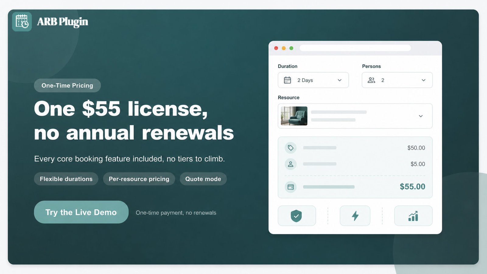 Try the ARB live demo: one $55 one-time WooCommerce booking license with no annual renewals