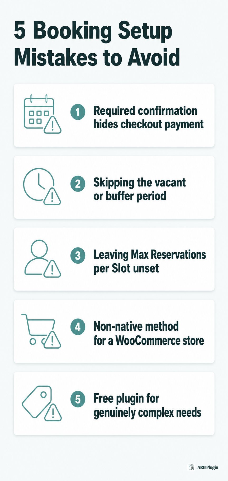 Five common WordPress booking setup mistakes to avoid, from unset slot capacity to using a non-native plugin