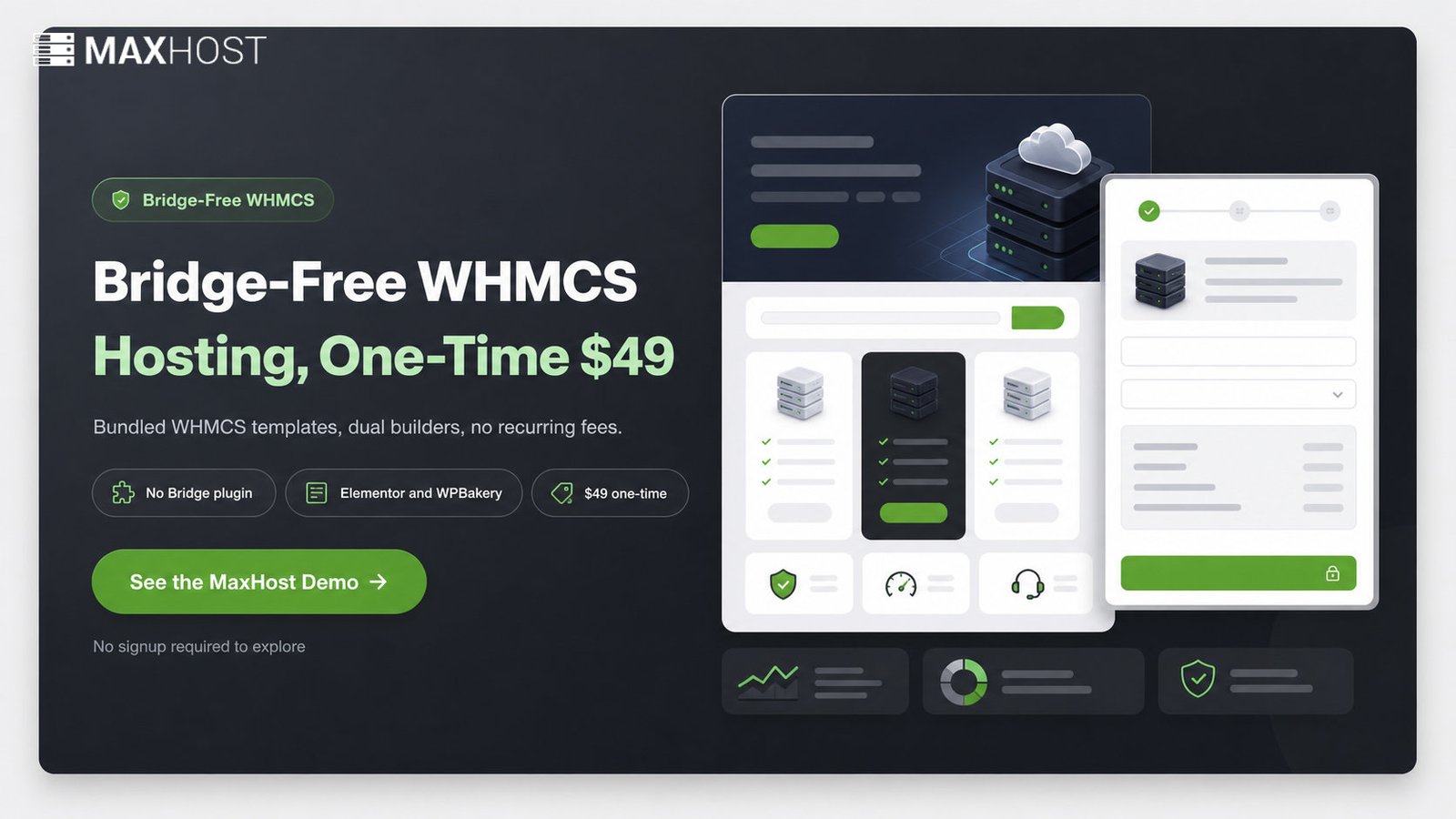 See MaxHost's bridge-free WHMCS integration, dual page builders, and a $49 one-time license in the live demo