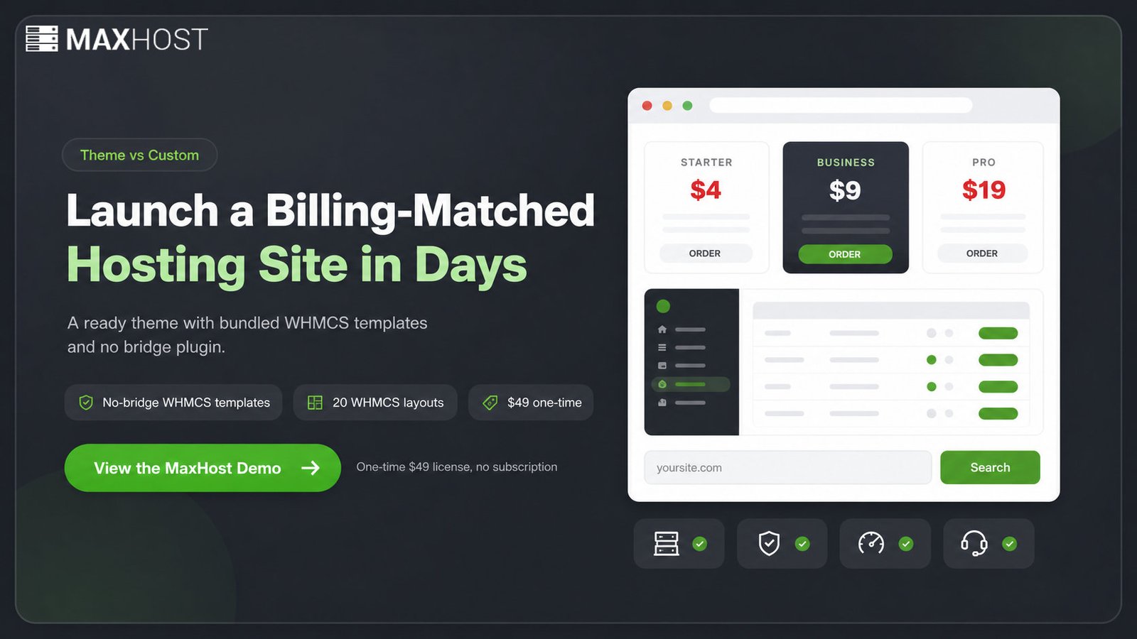 View the MaxHost demo: a billing-matched hosting theme with no-bridge WHMCS templates for a one-time $49